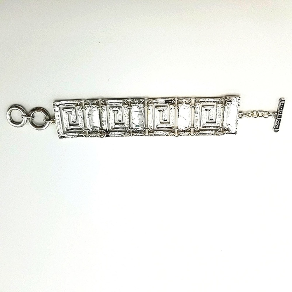 Greek Keysquare Bracelet Chunky Silvertone & Black Spiral Link T-Bar Closure - Picture 14 of 14